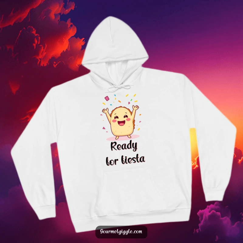 Funny taco hoodie with arms joyfully throwing confetti, ideal for staying warm while spreading humorous, festive cheer.