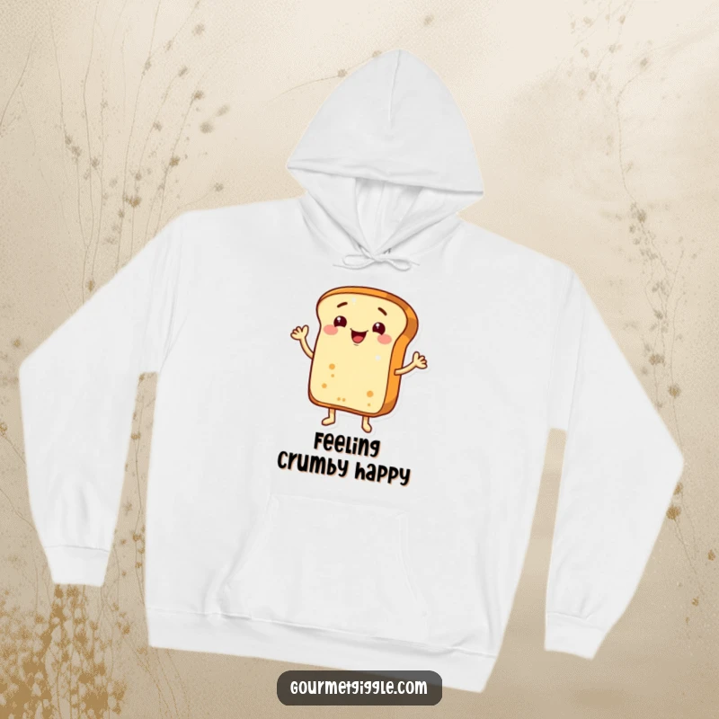 Funny grinning bread loaf with arms, cheerfully waving hello on a comfortable and warm hoodie.