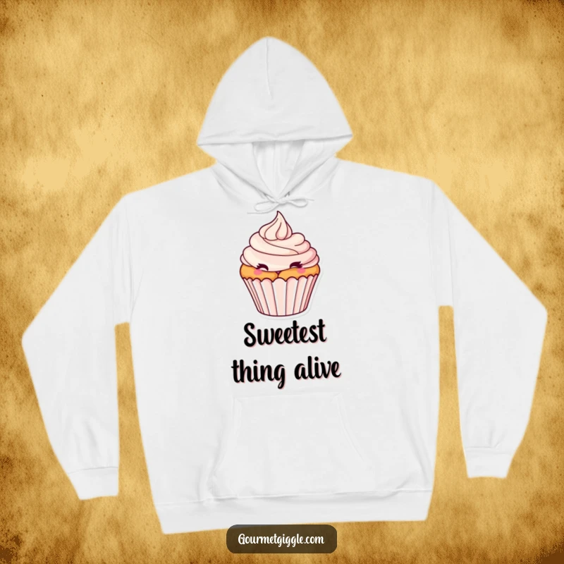 Funny Winking Cupcake Hoodie: A cozy sweatshirt featuring a tantalizing cupcake with a frosting swirl, winking with playful charm.