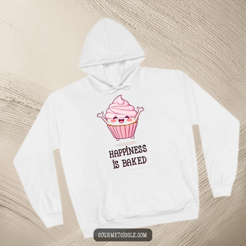 Funny Cupcake Hoodie featuring a smiling cupcake character joyfully leaping, spreading sweetness.
