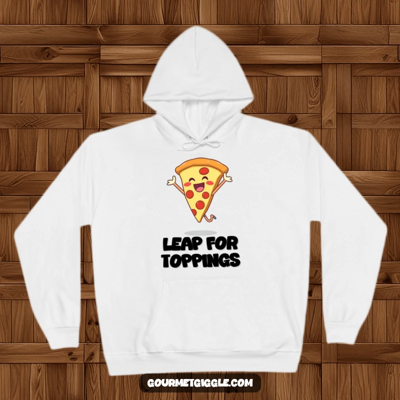 Funny hoodie featuring a smiling slice of pizza in a state of ecstatic jumping, perfect for cozy, happy moments.