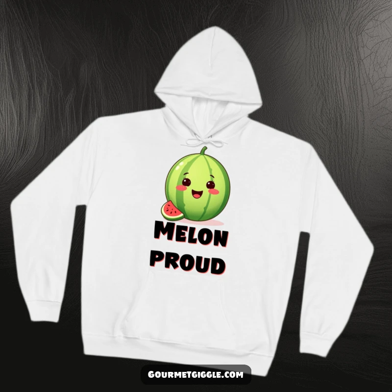 Funny hoodie featuring a proud watermelon with a missing slice, beaming with summer joy and cozy comfort.
