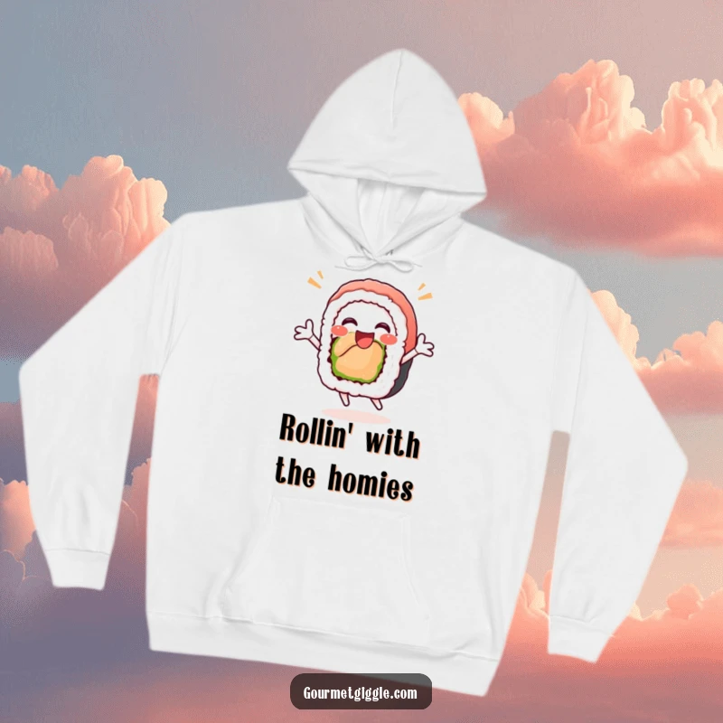 Funny sushi roll hoodie showing a happy, delighted sushi roll mid-celebratory jump, making it a cozy and humorous apparel choice.