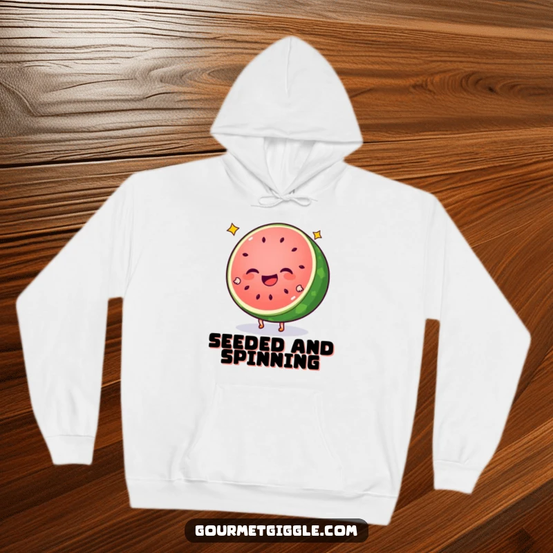 Funny watermelon hoodie featuring a giggling slice with star seeds doing cartwheels, a warm and cheerful piece of apparel. Energetic and cool.