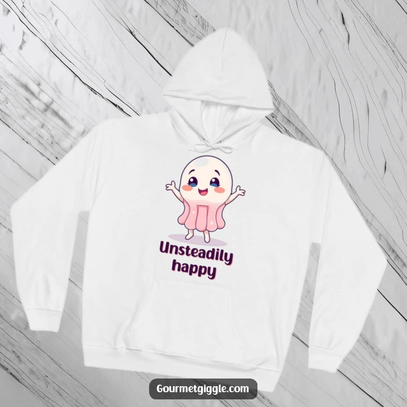 Funny Jelly Hoodie featuring a wobbly jelly character doing a vibrant and happy dance, spreading cheer.