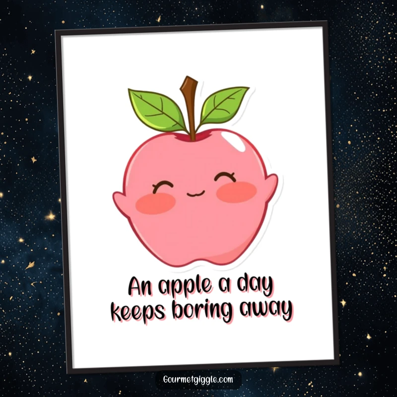 Funny Free Printable Wall Art of a blushing apple with leaf hair doing a graceful and playful curtsy.