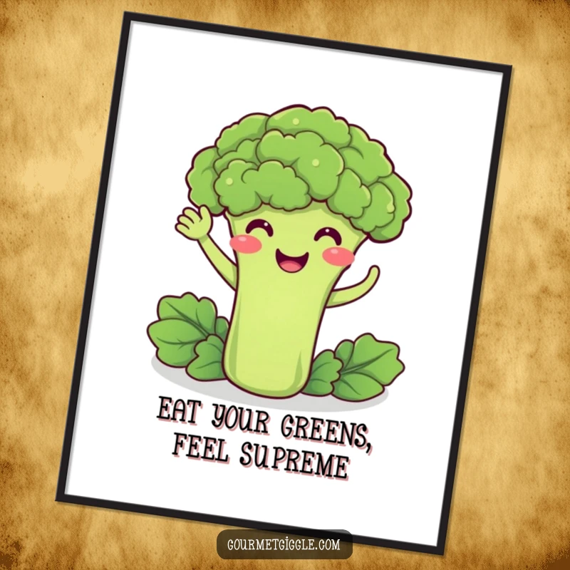 Funny Free Printable Wall Art: A delighted broccoli smiles and waves, adding a whimsical touch to any room.