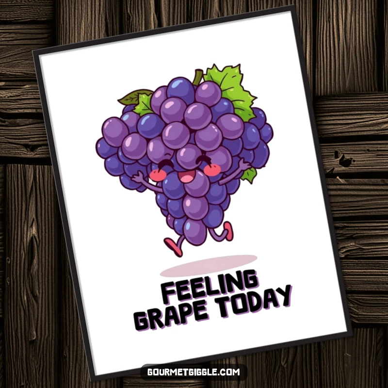 Funny Free Printable Wall Art depicting an exuberant bunch of grapes joyfully doing a little hop, full of fruity fun.