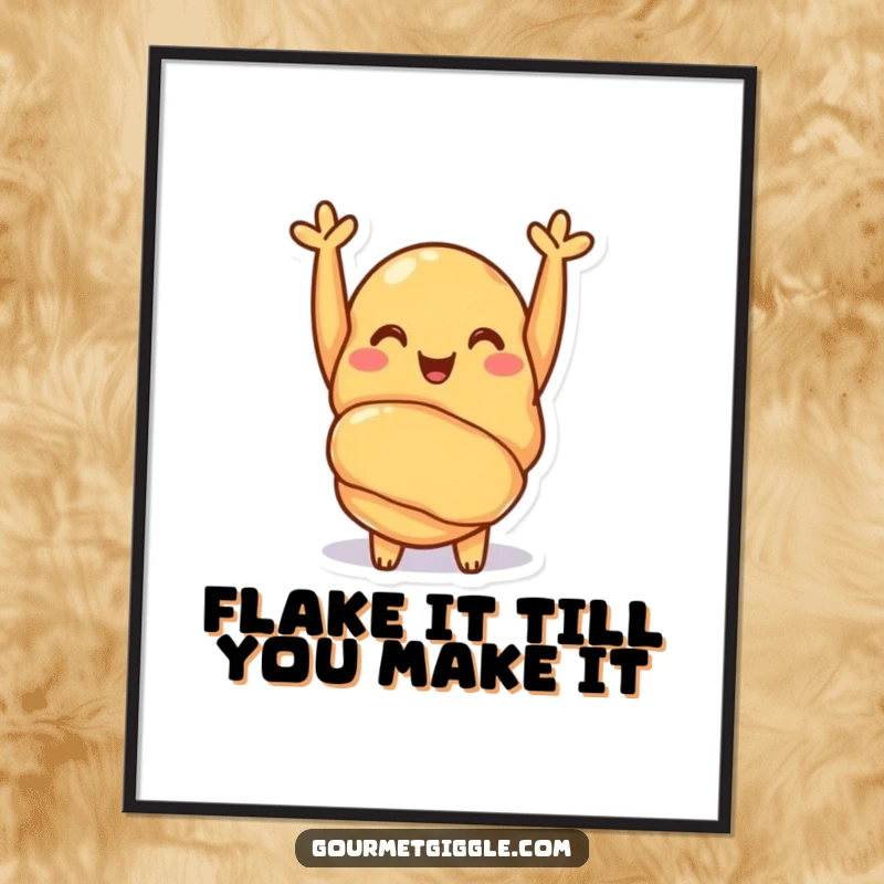 Funny Free Printable Wall Art of a cheerful croissant with tiny arms raised in a happy, energetic cheer.