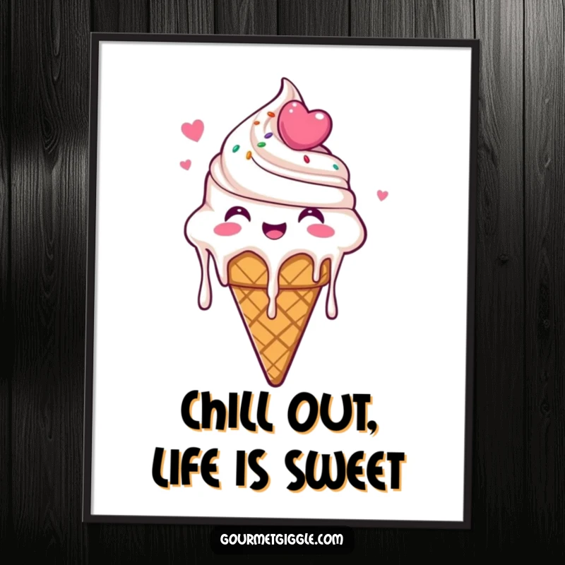 Funny Free Printable Wall Art: A delighted ice cream cone drips with glee, radiating fun and happiness, perfect for adding a whimsical touch to any room.