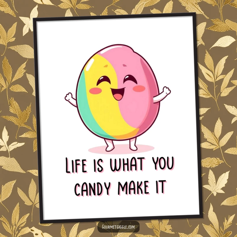 Funny Free Printable Wall Art: A delighted piece of candy with a silly grin bouncing excitedly, creating vibrant decor.