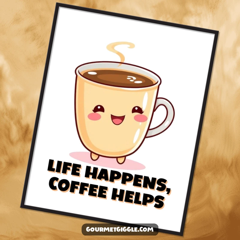 Funny Free Printable Wall Art: A bubbly coffee cup joyfully twirls, adding vibrant energy to your decor.