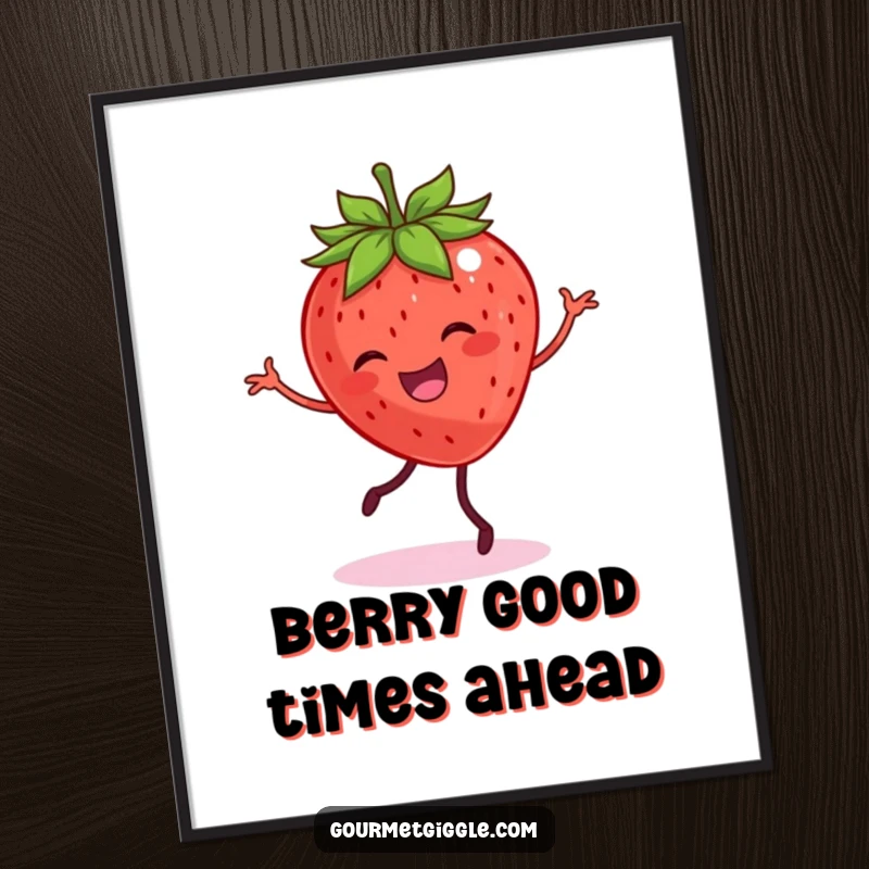Funny free printable wall art: A smiling strawberry with legs gleefully performs a joyful little dance.