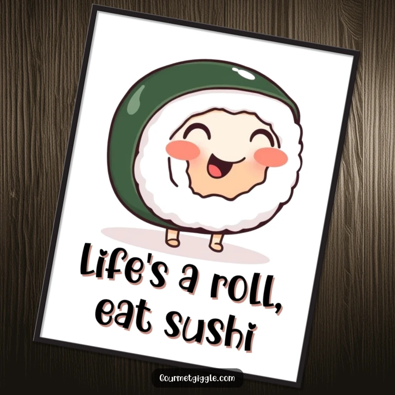 Funny Free Printable Wall Art: A cheerful, wobbly sushi roll with little feet doing a happy little jig, creating whimsical decor.