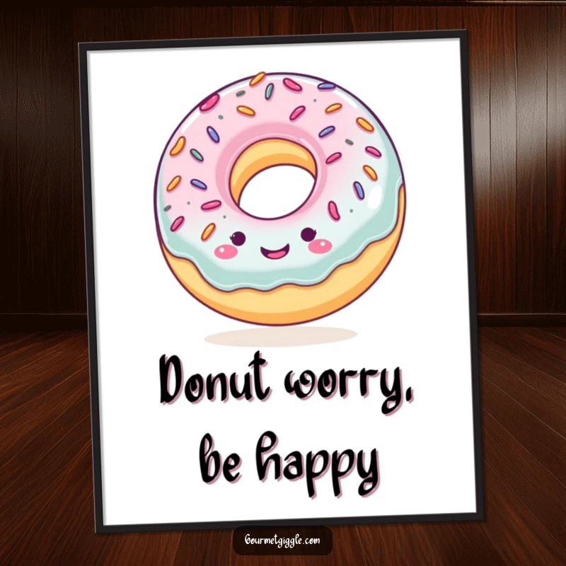 Funny Free Printable Wall Art: A smiling donut with colorful sprinkles bounces rhythmically, radiating happiness.