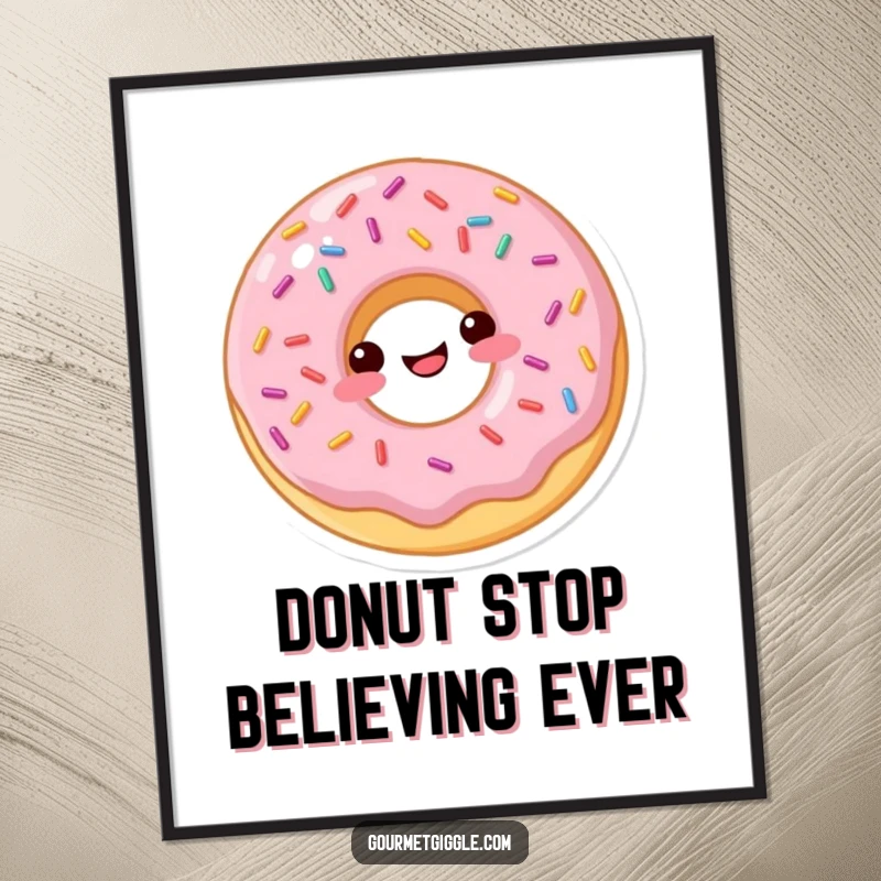 Funny Free Printable Wall Art: A happy donut with colorful sprinkles, doing a playful bounce on its hole.