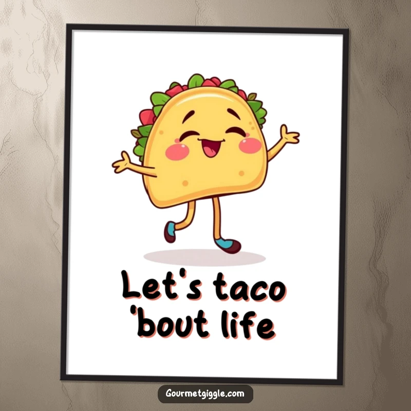 Funny Free Printable Wall Art: A winking taco with energetic legs dances, adding a festive vibe to any room.