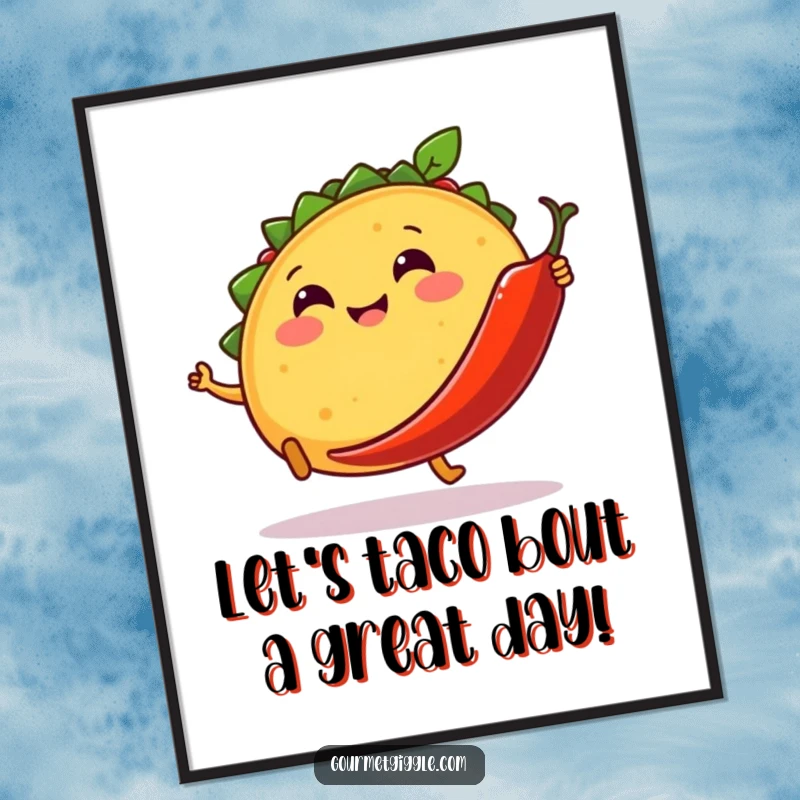 Funny Free Printable Wall Art: A smiling taco with tiny legs kicking a dancing chili pepper, bringing fiesta vibes!