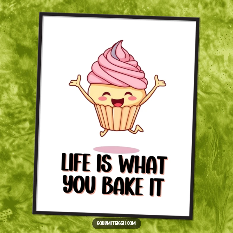 Funny Free Printable Wall Art: A jubilant cupcake with frosting swirls, captured mid-leap with pure joy.