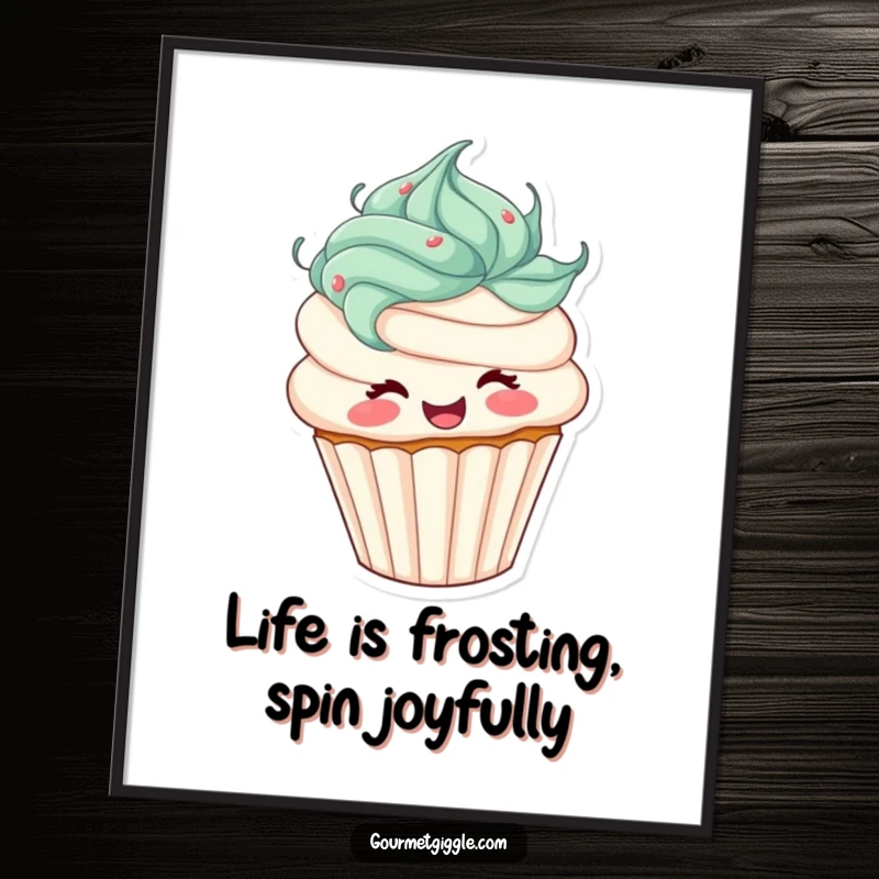 Funny Free Printable Wall Art: A joyful cupcake with frosting hair spinning in mid-air, radiating pure, unadulterated happiness.