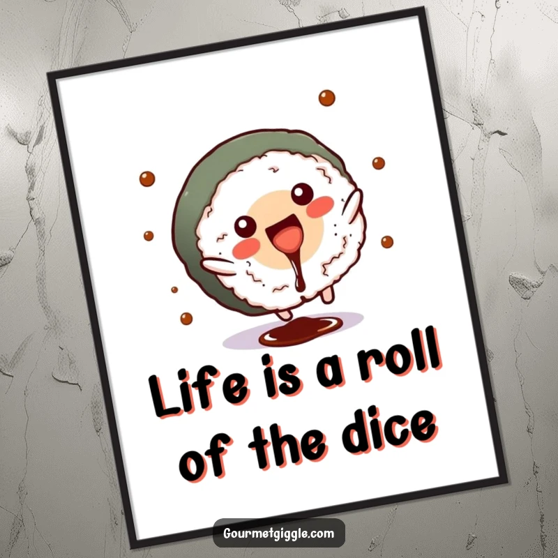 Funny Free Printable Wall Art: A cheerful sushi roll doing a cartwheel with soy sauce joyfully splashing.