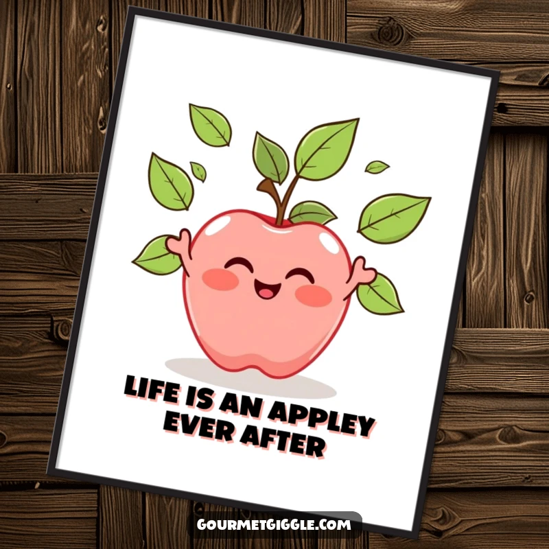 Funny Free Printable Wall Art: A happy apple character playfully juggles its own green leaves, creating cheerful decor.