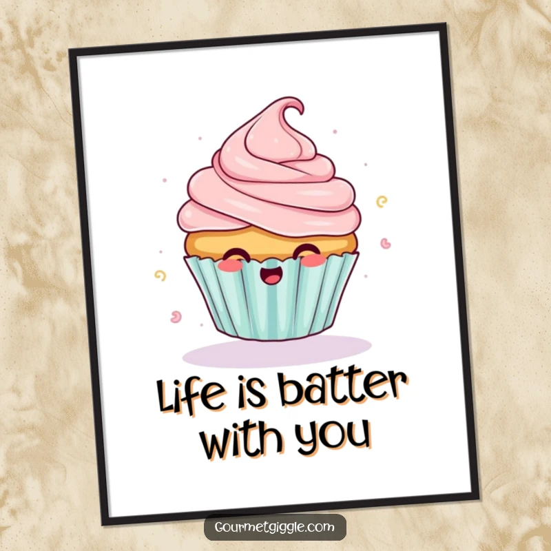 Funny Free Printable wall art of a giggling cupcake with frosting flying off its top as it spins joyfully.