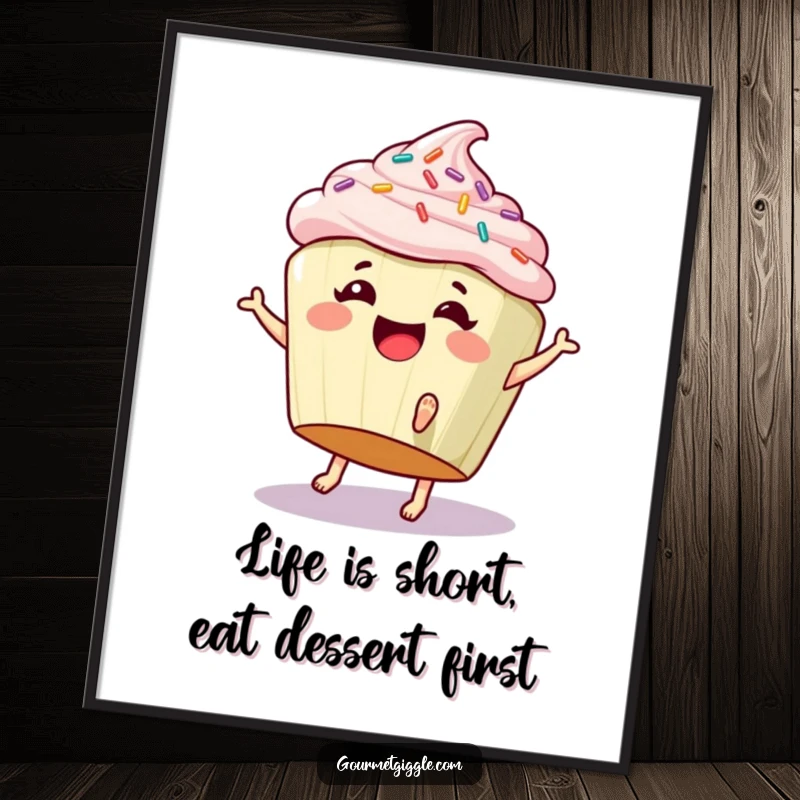 Funny Free Printable Wall Art: A giggling cupcake with sprinkles and tiny feet doing a cartwheel, creating cheerful decor.