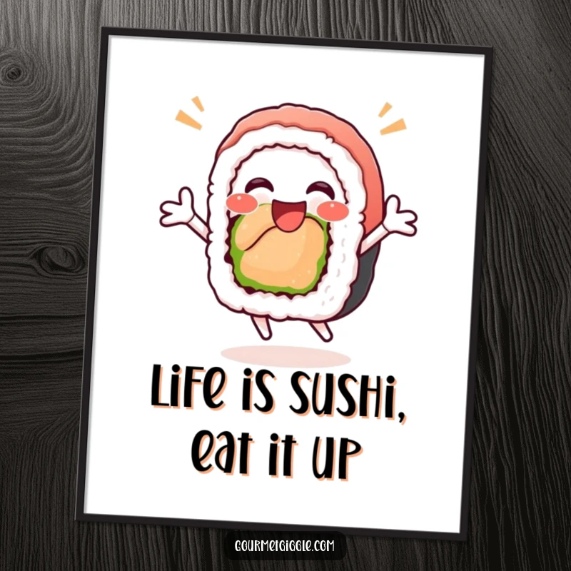Funny Free Printable Wall Art of a delighted sushi roll with a happy face caught mid-air in a celebratory jump.