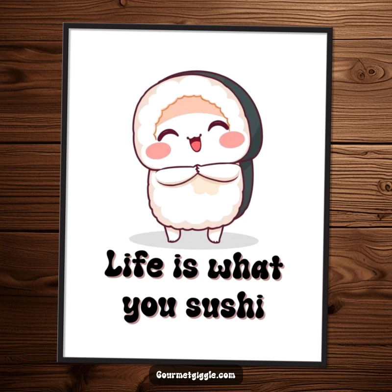 Funny free printable wall art: a smiling sushi roll performing an elegant, respectful bow, adding a touch of culinary art.