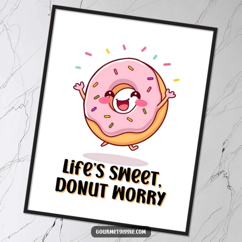 Funny Free Printable Wall Art: A gleeful donut doing a happy jig with colorful sprinkles flying, radiating pure sugary fun.