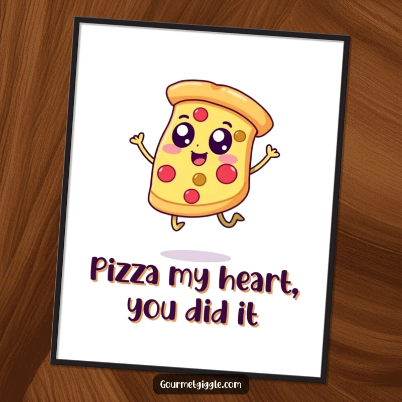 Funny Free Printable Wall Art: A joyful pizza slice with legs and eyes jumps energetically, ready to party.
