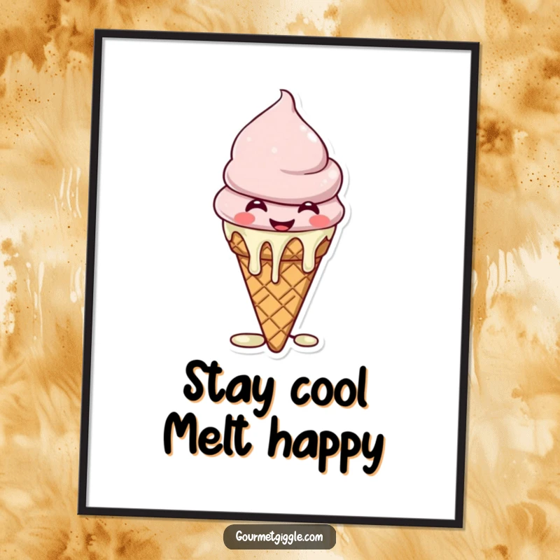 Funny Free Printable Wall Art: A happy, giggling ice cream cone with melting drips, humorous and sweet decor.
