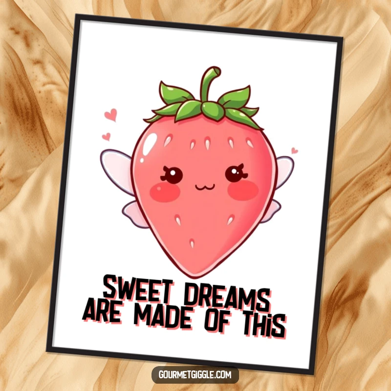 Funny Free Printable Wall Art: A blushing strawberry with tiny wings looking cheeky, ideal for humorous downloadable decor.