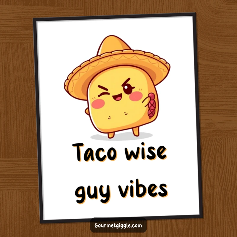 Funny Free Printable wall art of a taco in a sombrero giving a mischievous wink, bringing a festive and humorous vibe.