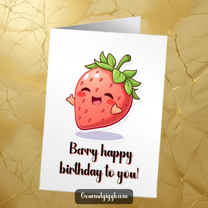 Funny Free Printable Birthday Card: A giggling strawberry spinning playfully, radiating joy and sweetness.