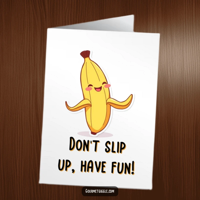 Funny Free Printable Birthday Card: A joyful banana peel grinning while slipping on itself, a downloadable prankster gift.