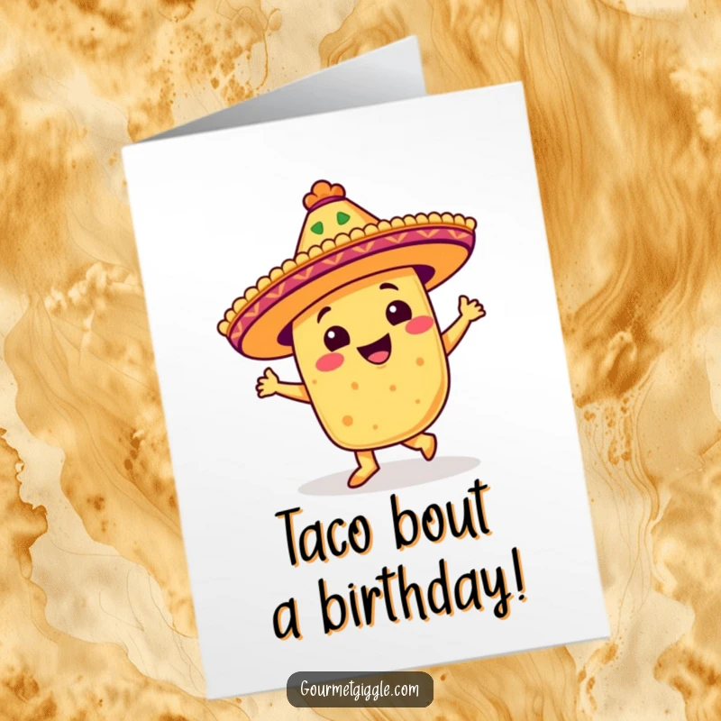 Funny Free Printable Birthday Card: Beaming taco in sombrero doing a salsa step, a festive downloadable gift.