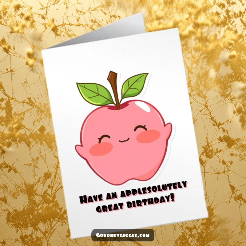Funny Free Printable Birthday Card showing a blushing apple with leaf hair doing a playful curtsy.