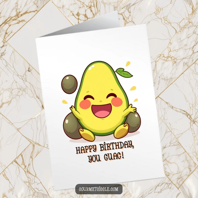 Funny free printable birthday card: a beaming avocado with a wide smile, expertly juggling its pits with enthusiasm.