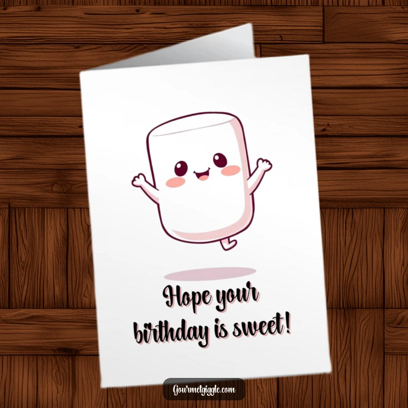 Funny Free Printable Birthday Card: A cheerful marshmallow character happily bounces, spreading sweet birthday joy.