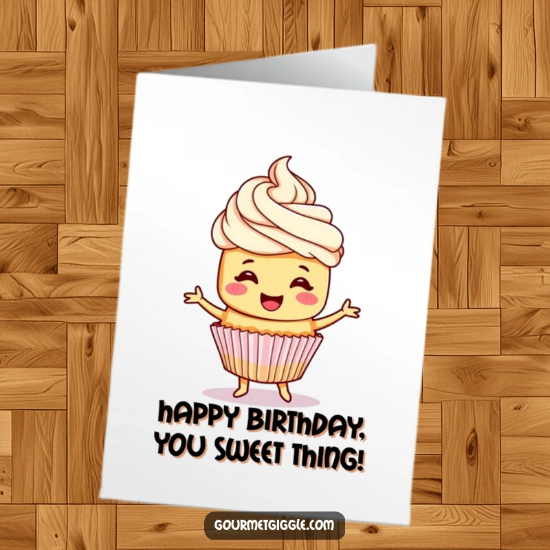 Funny Free Printable Birthday Card: A happy cupcake with frosting hair dances a jig, spreading cheer.