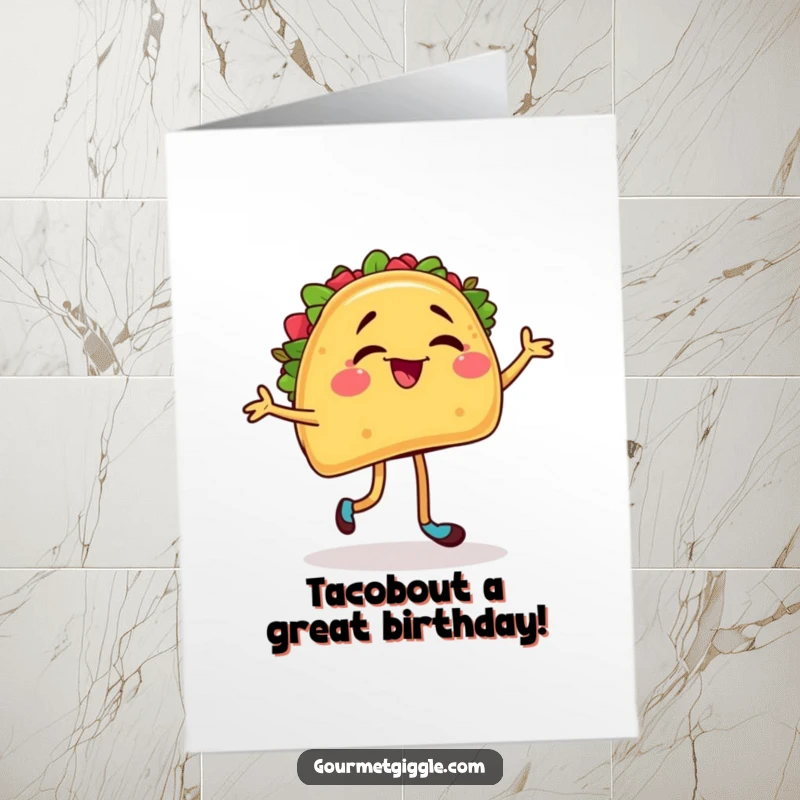 Funny Free Printable Birthday Card: A winking taco with legs happily dances, celebrating a birthday party.