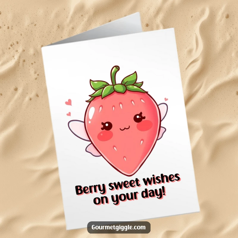 Funny Free Printable Birthday Card: A blushing strawberry with tiny wings giggles, perfect for a hilarious DIY gift.