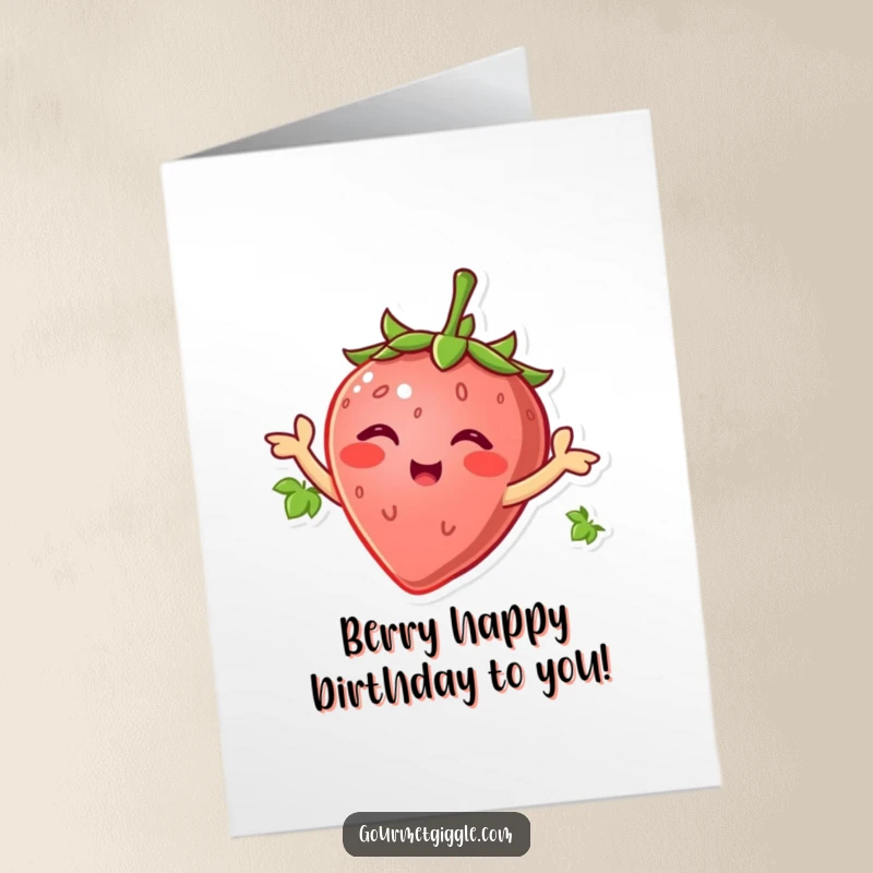 Funny Free Printable Birthday Card: A smiling strawberry wiggles its leaves like arms, spreading infectious birthday cheer and sweetness.