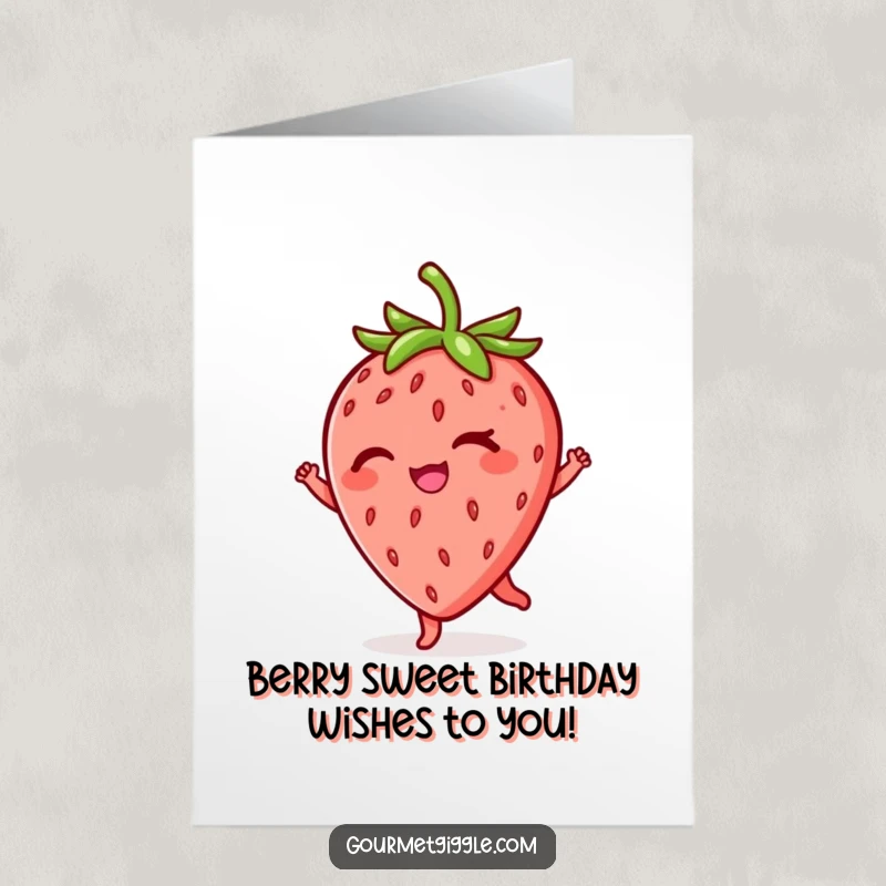 Funny Free Printable birthday card featuring a cheerful, winking strawberry in a playful twirl, ready for a festive occasion.