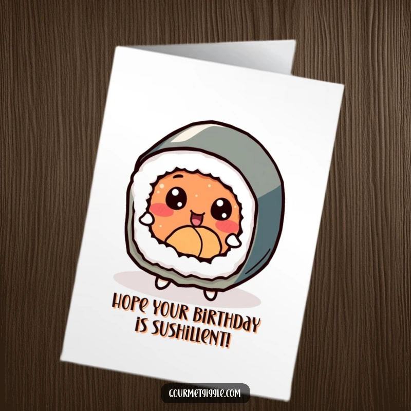 Free Printable Birthday Card: A delighted sushi roll with big expressive eyes, joyfully dancing to celebrate a happy birthday.
