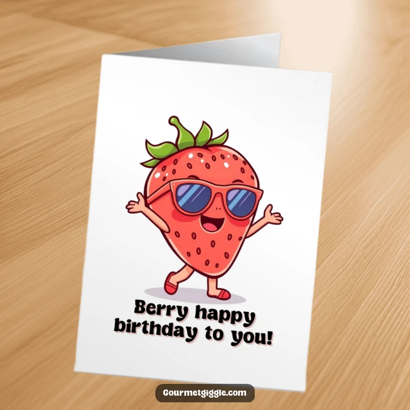 Funny Free Printable Birthday Card: A cheerful strawberry in sunglasses strikes a dance pose, radiating cool birthday vibes and pure joy.