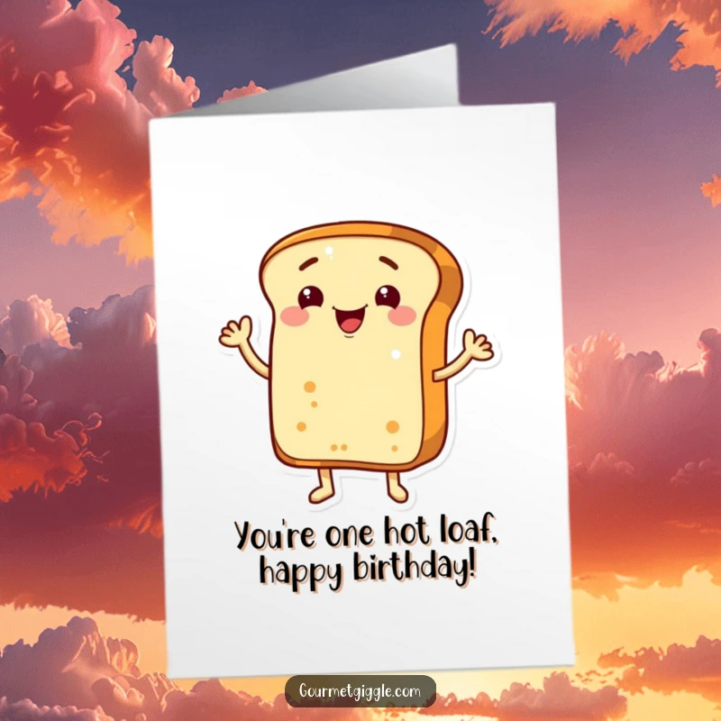 Free Printable Birthday Card: A grinning bread loaf with arms, playfully waving hello, wishing a very happy birthday.