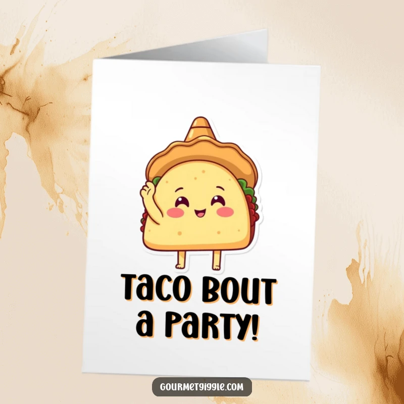 Funny Free Printable Birthday Card: A happy taco in a sombrero taps its shell, conveying instant fiesta joy and birthday cheer.